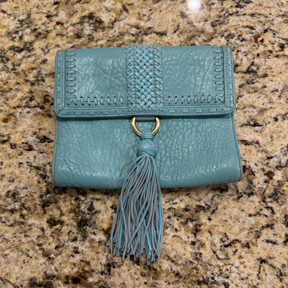 Alexis Hudson NY Clutch Small Turquoise Blue Leather Woven Tassel Boho Western